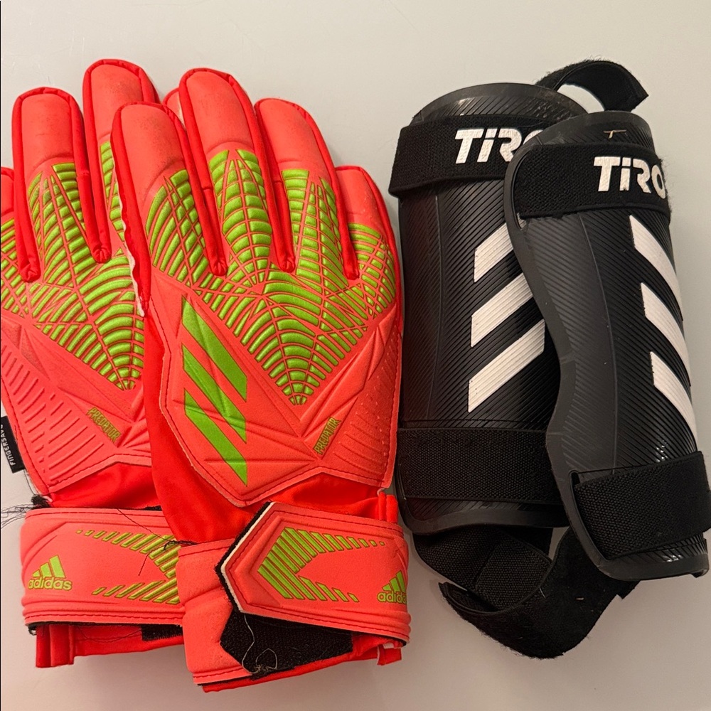 adidas Red and Green Kids Gloves and Black Shin Guards